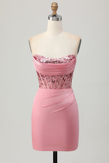 Strapless Corset Bodycon Blush Homecoming Dress with Sequins